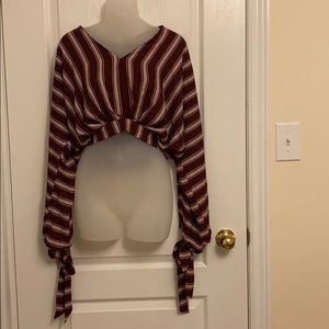 Crop-top Blouse w/ Ribbon Tie Sleeves